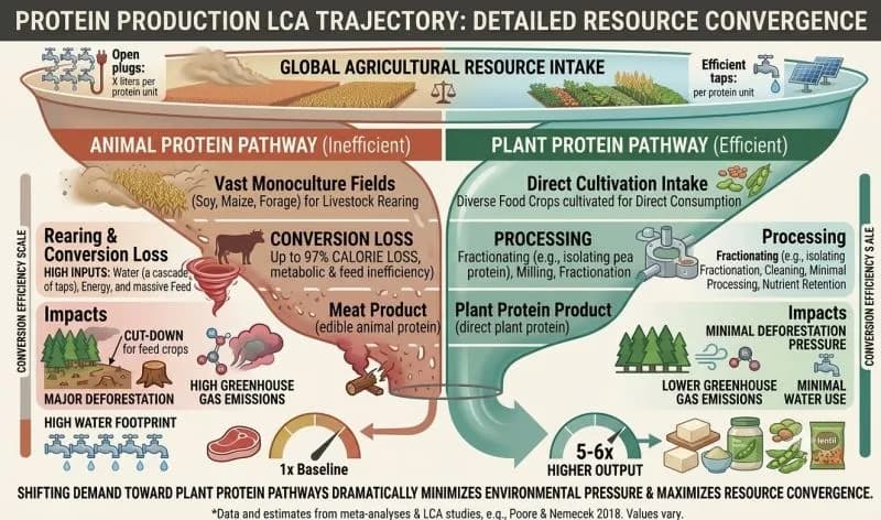 Infographic comparing animal and plant protein production pathways: land, water and emissions from intake to final product.