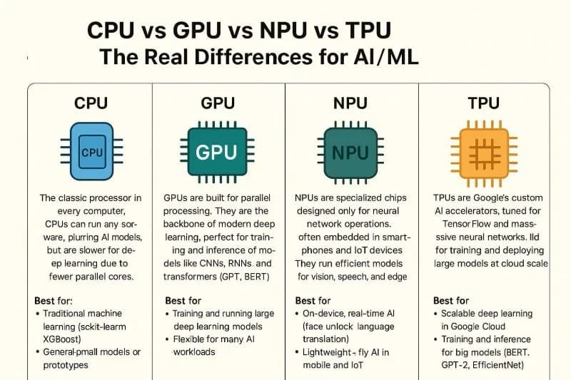 Infographic “CPU vs GPU vs NPU vs TPU: The Real Differences for AI/ML” with four columns describing each chip type.
