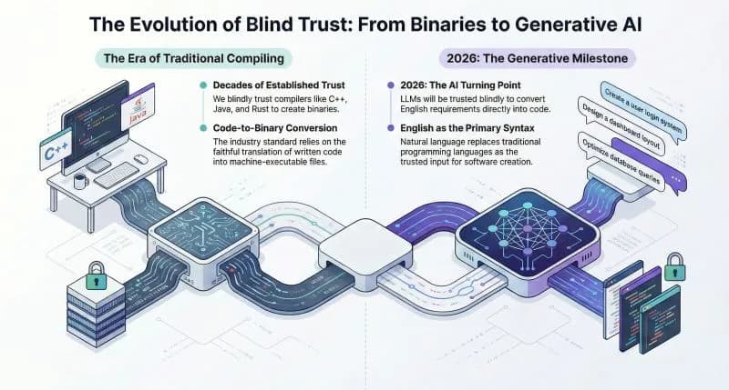 Isometric illustration “The Evolution of Blind Trust: From Binaries to Generative AI”, from traditional compiling to the 2026 generative milestone.