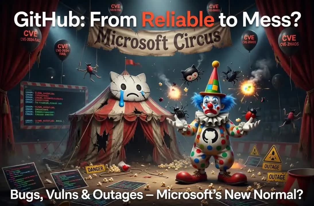Cartoon “GitHub: From Reliable to Mess?” showing a circus tent labelled Microsoft Circus with a clown Octocat, bugs and CVE warnings.