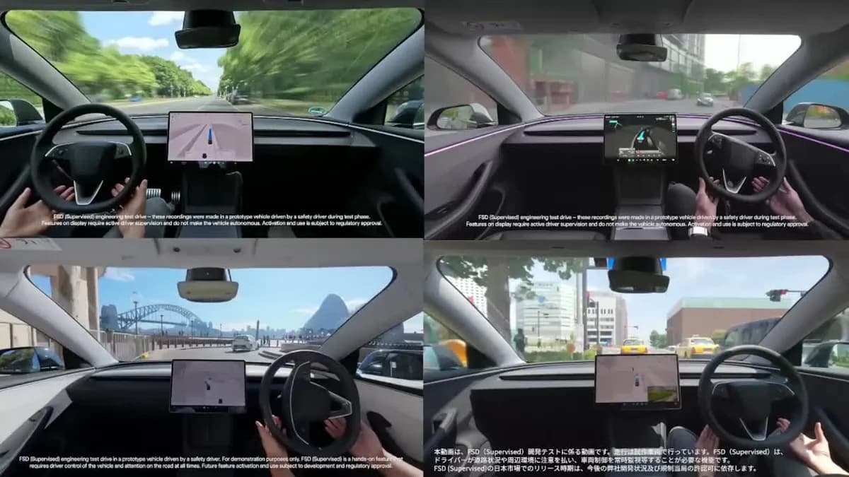 Four-panel view from inside Tesla cars driving with FSD on city streets, hands near the steering wheel.