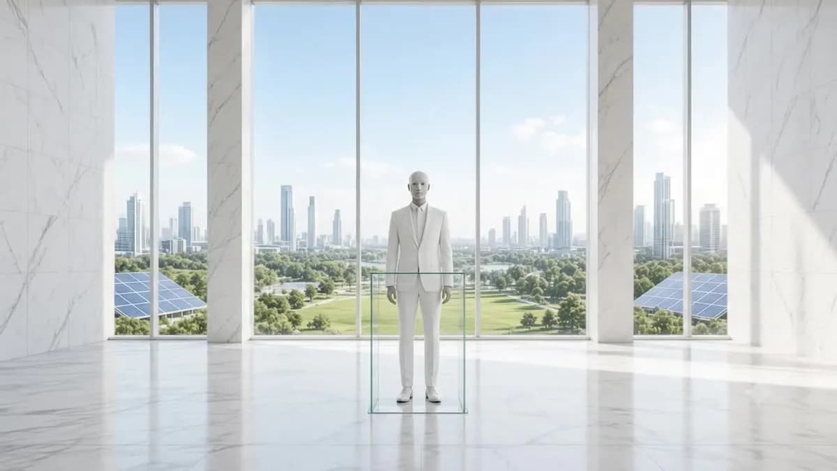 A humanoid figure in a white suit standing behind a glass lectern in a bright marble hall, with a green city skyline and solar panels beyond tall windows.