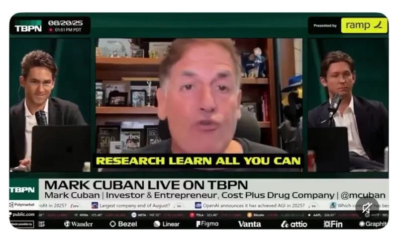 Video still of Mark Cuban speaking on the TBPN live show, captioned “Research learn all you can”.