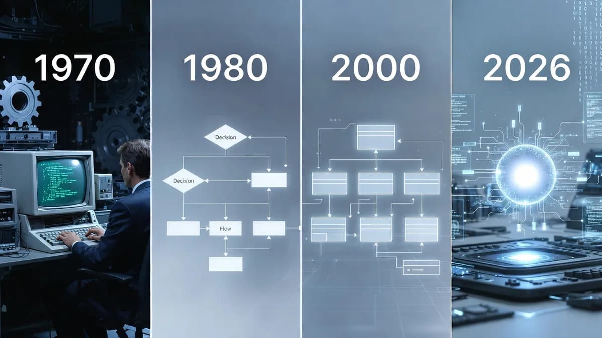 Four panels labeled 1970, 1980, 2000 and 2026: a developer at a terminal, a flowchart, a block diagram, and a glowing AI core above a keyboard.