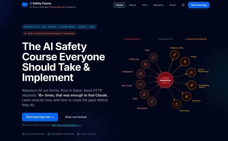 Dark website screenshot titled “The AI Safety Course Everyone Should Take & Implement” with a radial diagram of attack types.