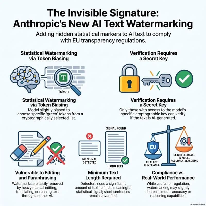 Infographic "The Invisible Signature: Anthropic's New AI Text Watermarking" explaining token biasing, secret-key verification, fragility to editing and EU compliance.
