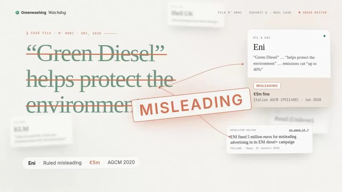 Greenwashing Watchdog app screen flagging the claim “Green Diesel helps protect the environment” with a red MISLEADING label.