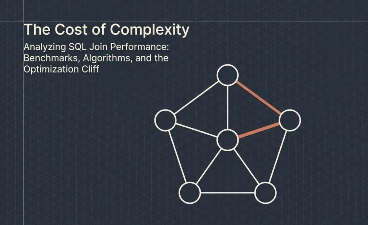 Title card "The Cost of Complexity: Analyzing SQL Join Performance: Benchmarks, Algorithms, and the Optimization Cliff", with a pentagon graph of joined nodes and two highlighted edges.