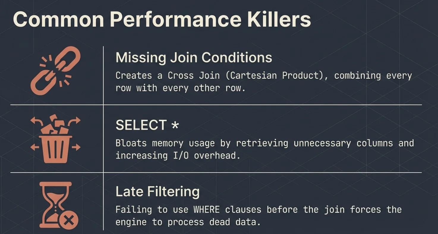 Common performance killers: missing join conditions create a cross join (Cartesian product) that combines every row with every other row; SELECT * bloats memory usage and I/O; late filtering, without WHERE clauses before the join, makes the engine process dead data.