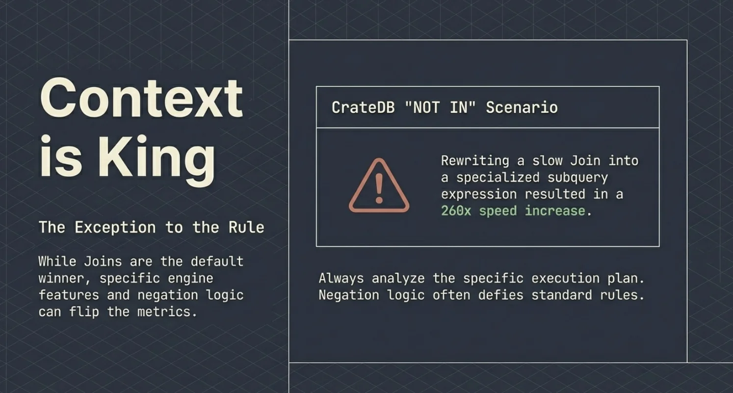 Context is King, the exception to the rule: in a CrateDB NOT IN scenario, rewriting a slow join into a specialized subquery expression gave a 260x speed increase. Always analyze the specific execution plan; negation logic often defies standard rules.
