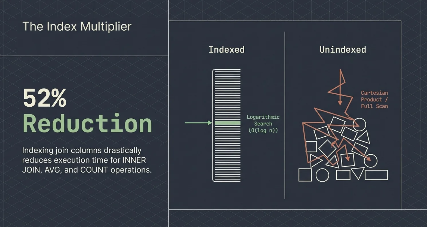 The Index Multiplier: indexing join columns cuts execution time by up to 52% for INNER JOIN, AVG and COUNT. An indexed column is found by a logarithmic O(log n) search, while an unindexed one falls back to a Cartesian product or full scan.