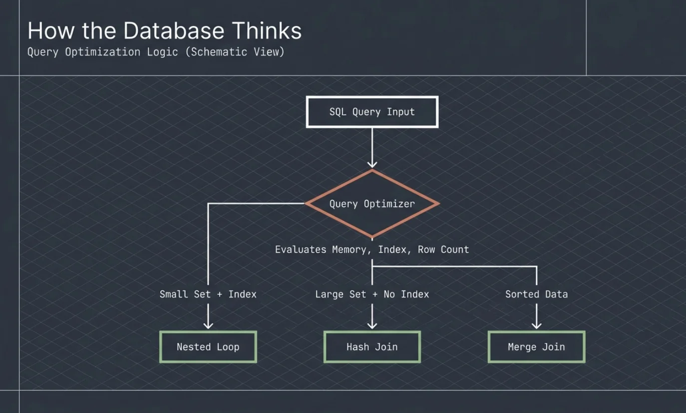 How the database thinks: the query optimizer evaluates memory, indexes and row count, then picks a nested loop for a small indexed set, a hash join for a large unindexed set, or a merge join for sorted data.
