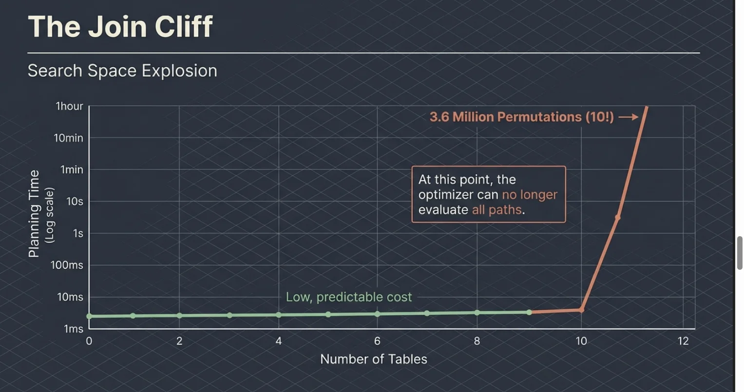 The Join Cliff: planning time on a log scale against the number of joined tables. It stays low and predictable up to about 10 tables, then shoots up toward an hour at 3.6 million permutations (10!), where the optimizer can no longer evaluate all paths.