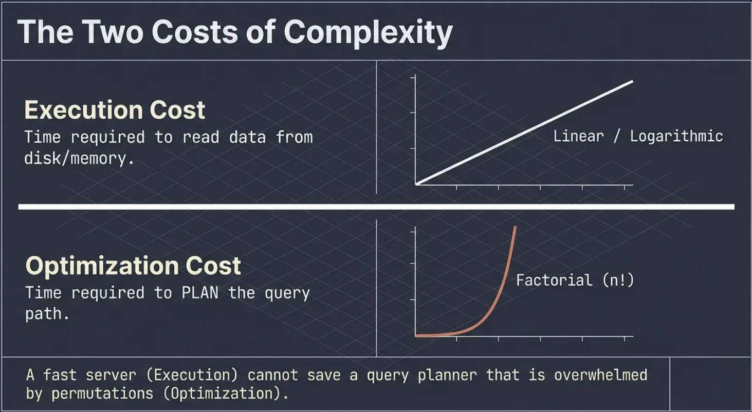 The two costs of complexity: execution cost, the time to read data from disk or memory, grows linearly or logarithmically; optimization cost, the time to plan the query path, grows factorially (n!). A fast server cannot save a query planner overwhelmed by permutations.